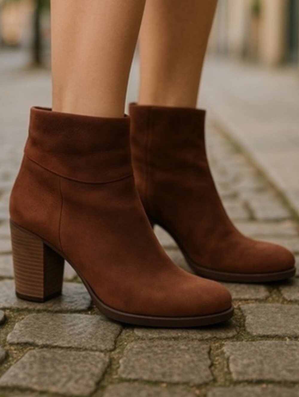 Cole Haan Nike Air Brown Nubuck Leather Stacked Heel Side Zip Ankle Boot